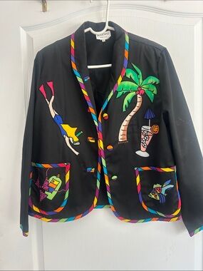 Silkscapes vintage Tropical Motif jacket blazer bright beautiful appliqués med